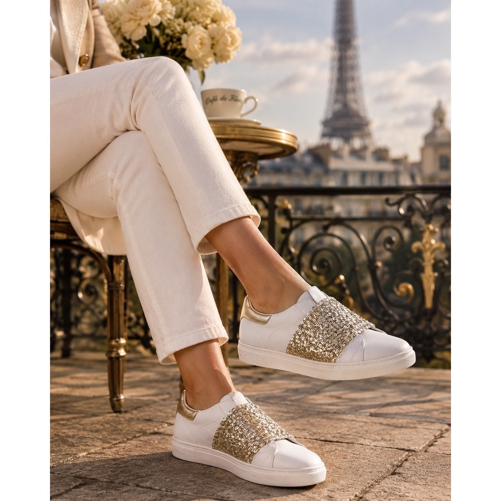 Francois Pinet Paris White Leather Gold Sequin Slip On Sneakers EU 39 MAIMAI